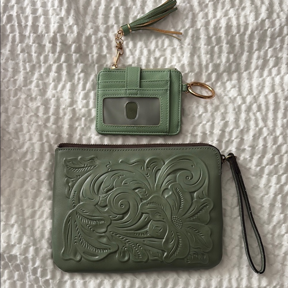 Green Embossed Clutch and Card Holder Set